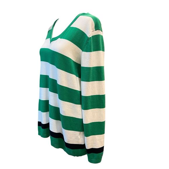 TOMMY HILFIGER V-neck Sweater Green White Striped Women's Large Academia Preppy - Picture 3 of 12